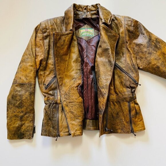 Vintage 100% Leather Tan Brown Moto Bomber Zipper Biker Distressed Pockets Mediu - Picture 2 of 13